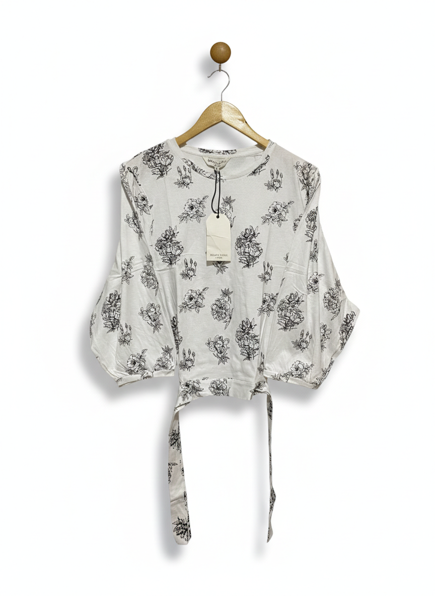 BRAVE SOUL |M| BUST 20| ELEGANT MONOCHROME FLORAL PUFF-SLEEVE TIE-FRONT BLOUSE