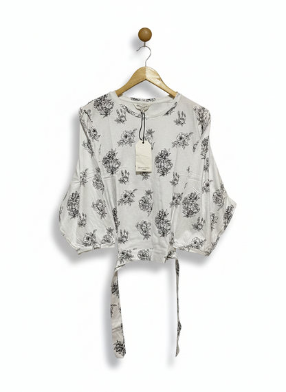 BRAVE SOUL |M| BUST 20| ELEGANT MONOCHROME FLORAL PUFF-SLEEVE TIE-FRONT BLOUSE