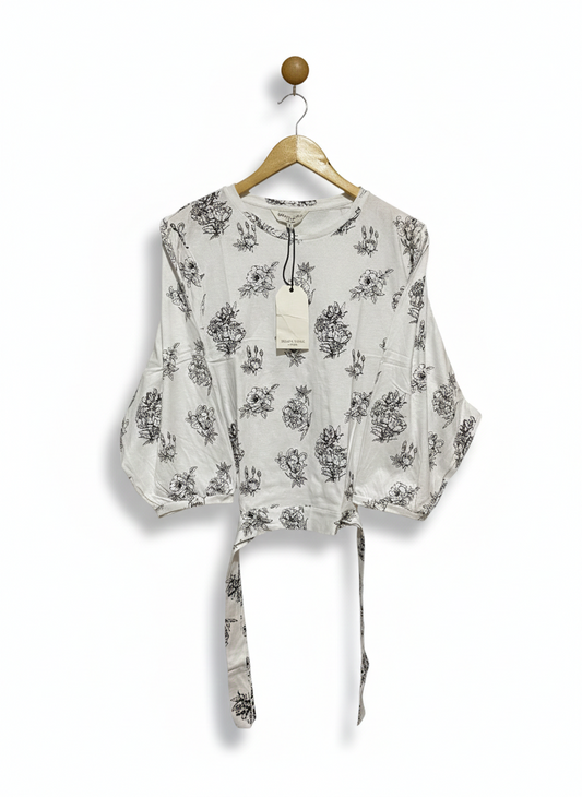 BRAVE SOUL |M| BUST 20| ELEGANT MONOCHROME FLORAL PUFF-SLEEVE TIE-FRONT BLOUSE