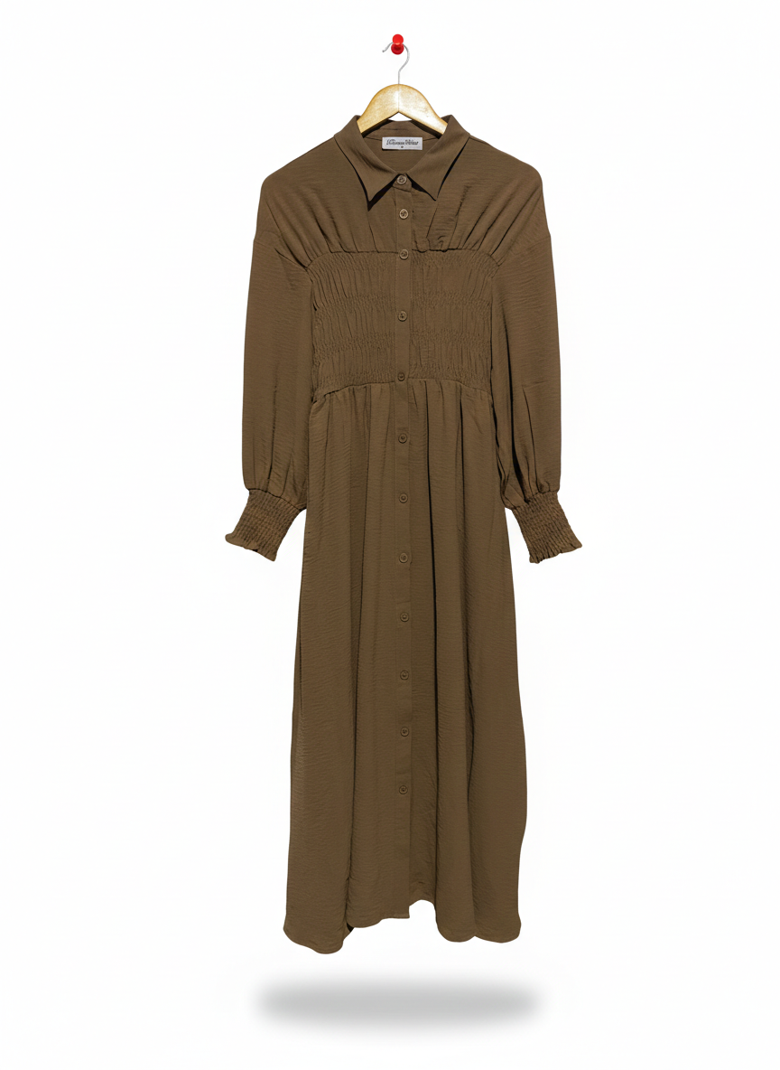 DREAM HOUSE |S| BUST 14|C3| EARTHY OLIVE SMOCKED SHIRT DRESS