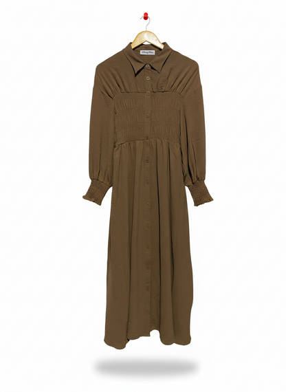 DREAM HOUSE |S| BUST 14|C3| EARTHY OLIVE SMOCKED SHIRT DRESS