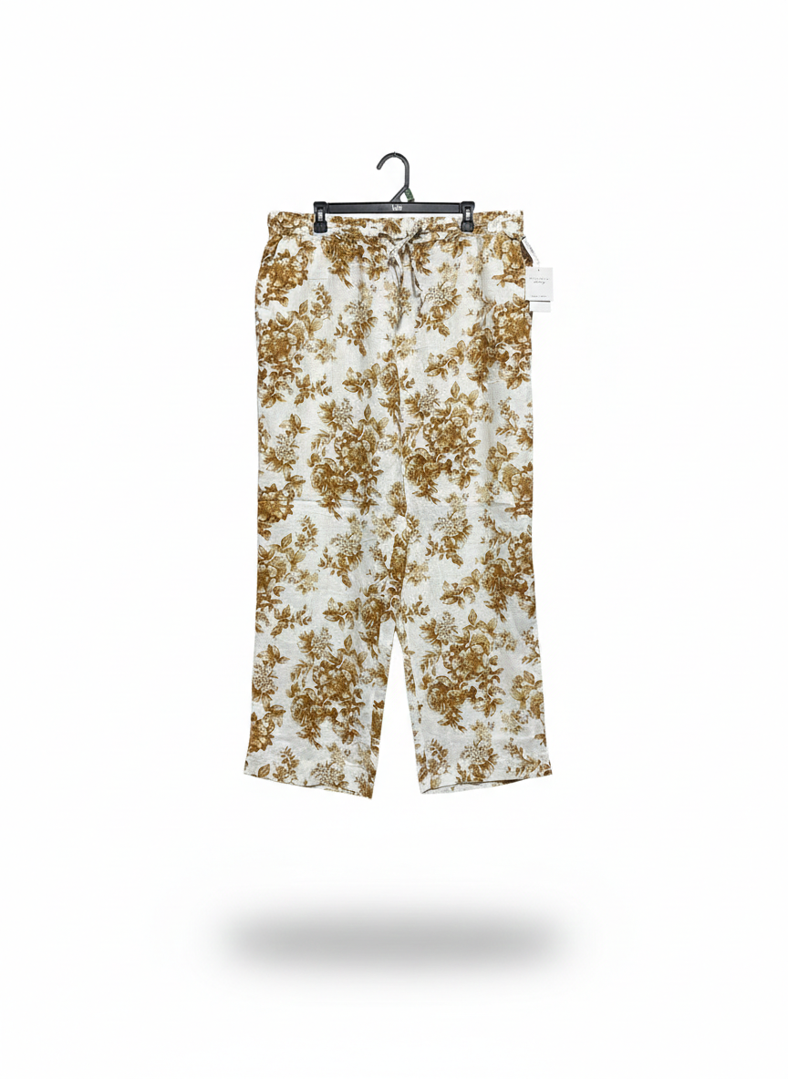 LINEN CHARTER CLUB|XL|WAIST 38|B12|Linen Flax Wide-Leg Crop Tan/White Floral Pants
