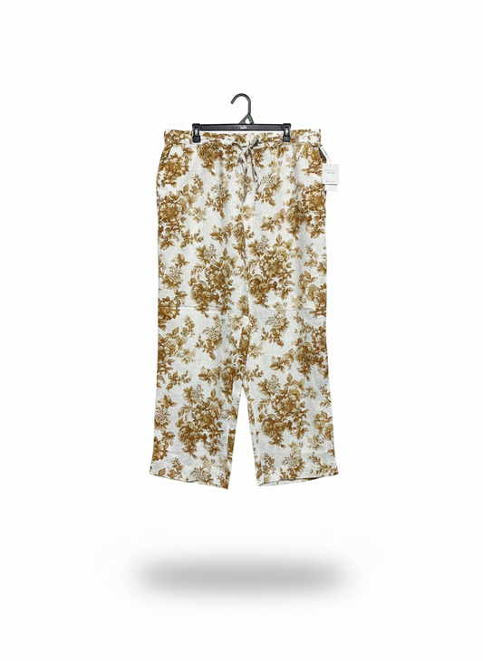 LINEN CHARTER CLUB|XL|WAIST 38|B12|Linen Flax Wide-Leg Crop Tan/White Floral Pants