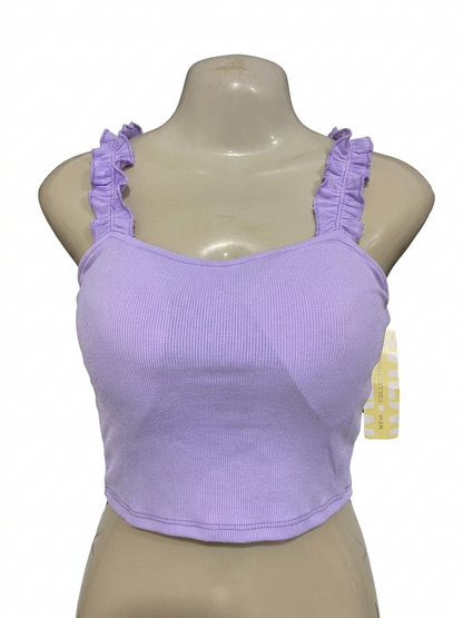 NEW COLLECTION |XS| BUST 15| A23| PASTEL LAVENDER RIBBED RUFFLE-STRAP CROP TOP | SWEET SLEEVELESS TANK BLOUSE