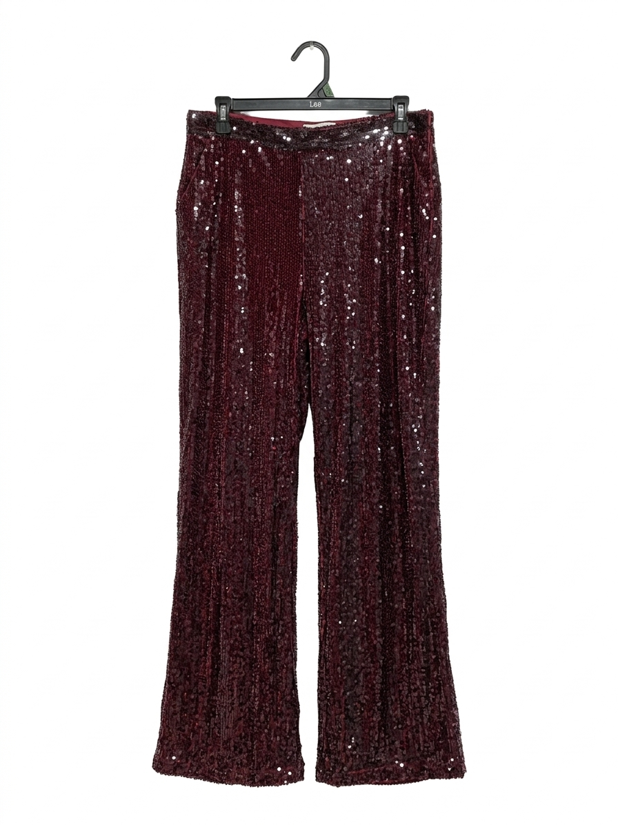 PRIMARK |L| WAIST 30| B9| LUXURY BURGUNDY SEQUIN HIGH-WAISTED WIDE-LEG PARTY TROUSERS
