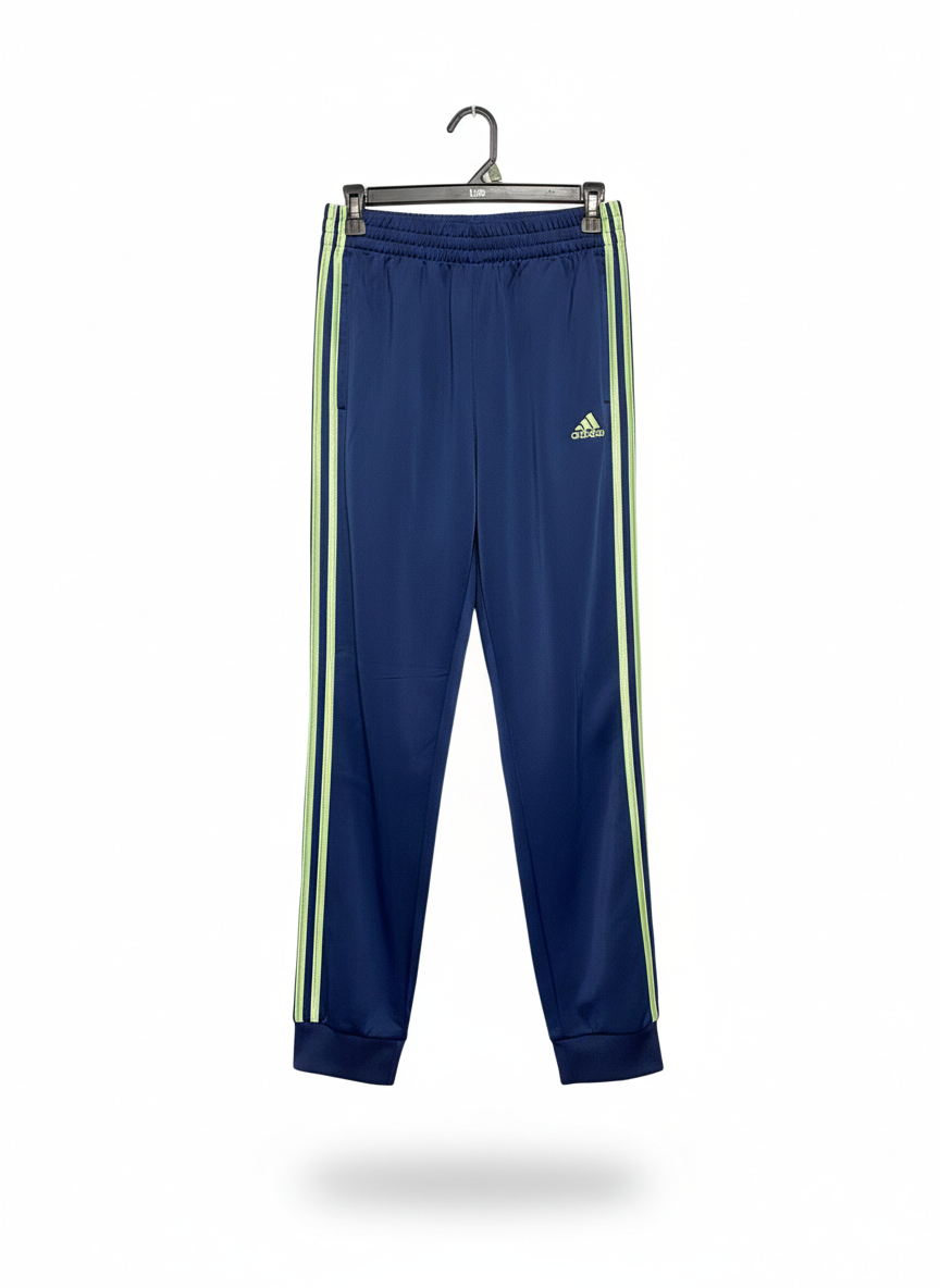 ADIDAS|M/L|WAIST 28|NAVY BLUE TRACK PANTS WITH LIME GREEN STRIPES