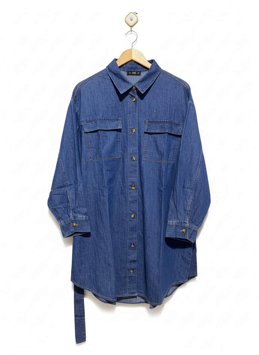 F&F|M|BUST 26|Oversized Long Denim Shirt With a Matching Belt