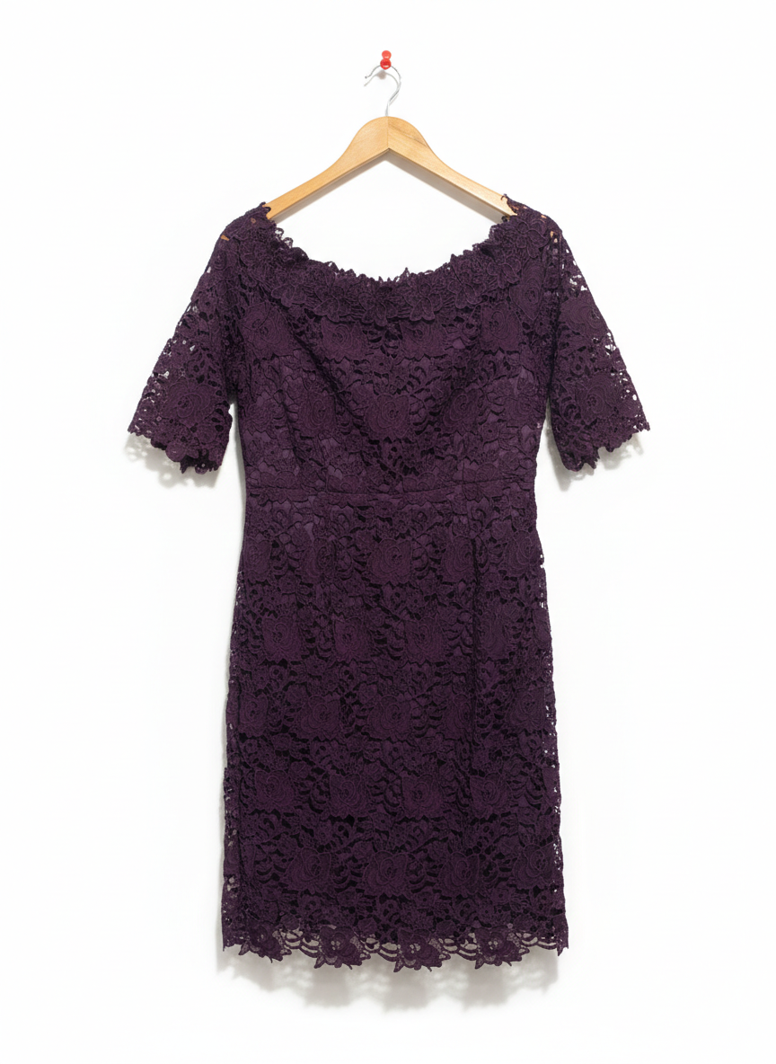 JACQUI E |M| BUST 18| ELEGANT DEEP PURPLE LACE OFF-THE-SHOULDER SHEATH DRESS