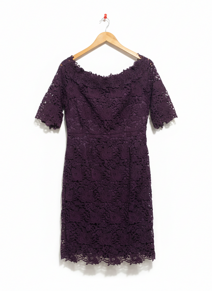 JACQUI E |M| BUST 18| ELEGANT DEEP PURPLE LACE OFF-THE-SHOULDER SHEATH DRESS