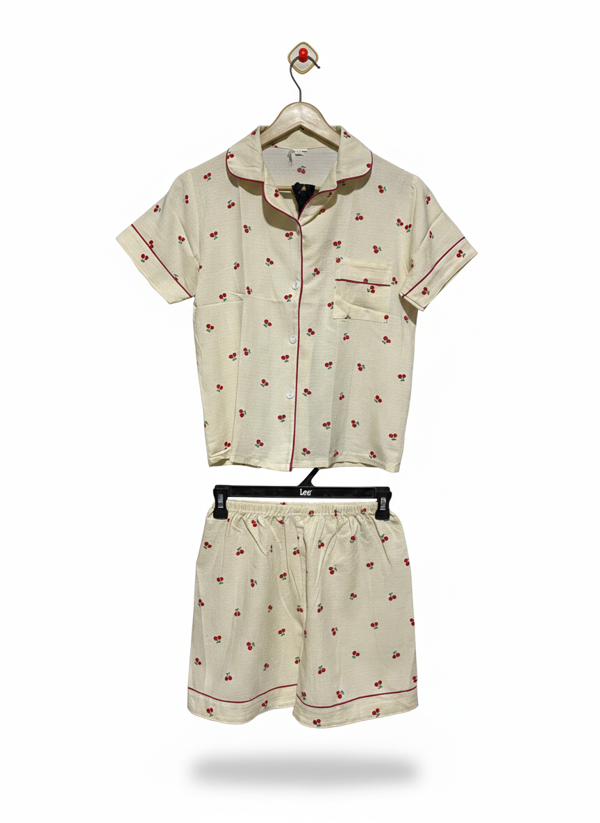 CHERRY PRINT TAILORED PYJAMA SET |M|