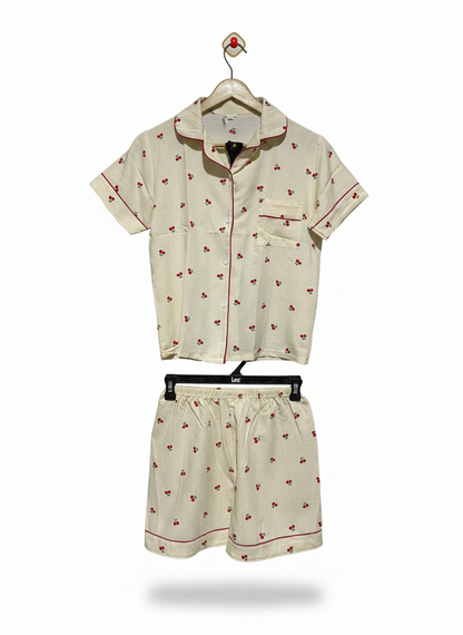 CHERRY PRINT TAILORED PYJAMA SET |M|