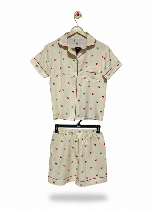 CHERRY PRINT TAILORED PYJAMA SET |M|