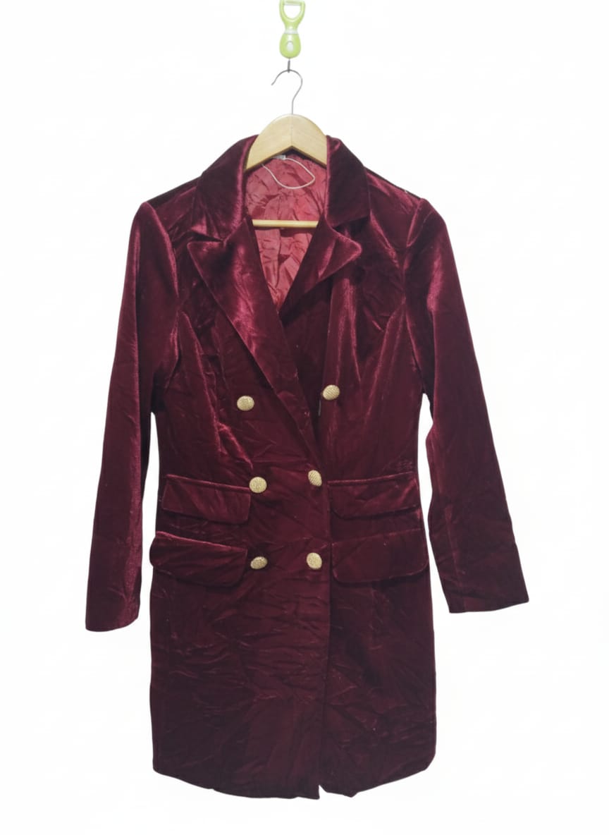 BURGUNDY VELVET DOUBLE-BREASTED BLAZER|S|BUST 19