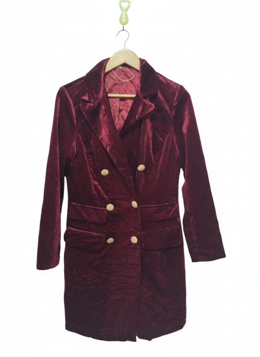 BURGUNDY VELVET DOUBLE-BREASTED BLAZER|S|BUST 19