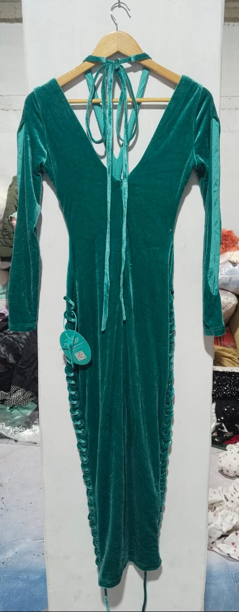BBX BRAND|XS/S|BUST 16.5|GREEN VELVET CUT-OUT LACE-UP MAXI DRESS