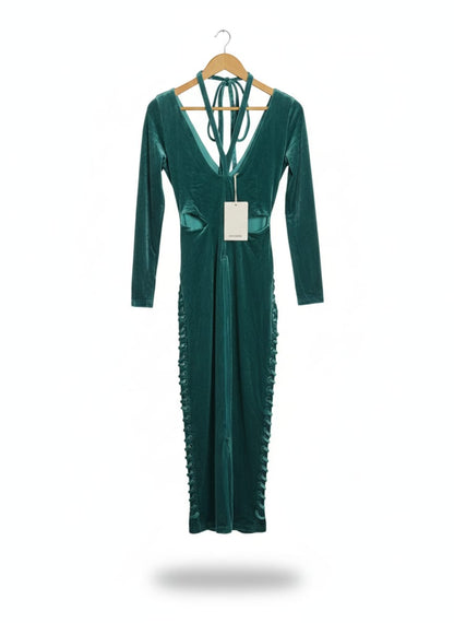 BBX BRAND|XS/S|BUST 16.5|GREEN VELVET CUT-OUT LACE-UP MAXI DRESS