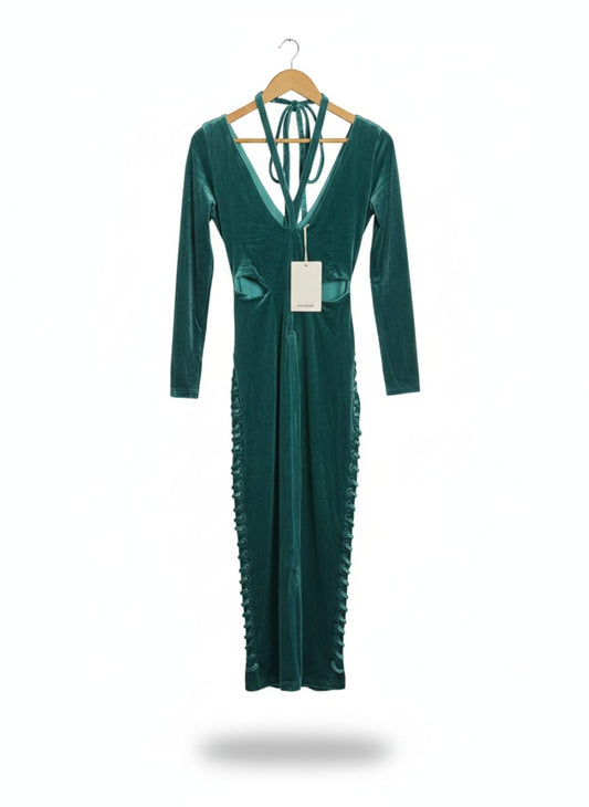 BBX BRAND|XS/S|BUST 16.5|GREEN VELVET CUT-OUT LACE-UP MAXI DRESS