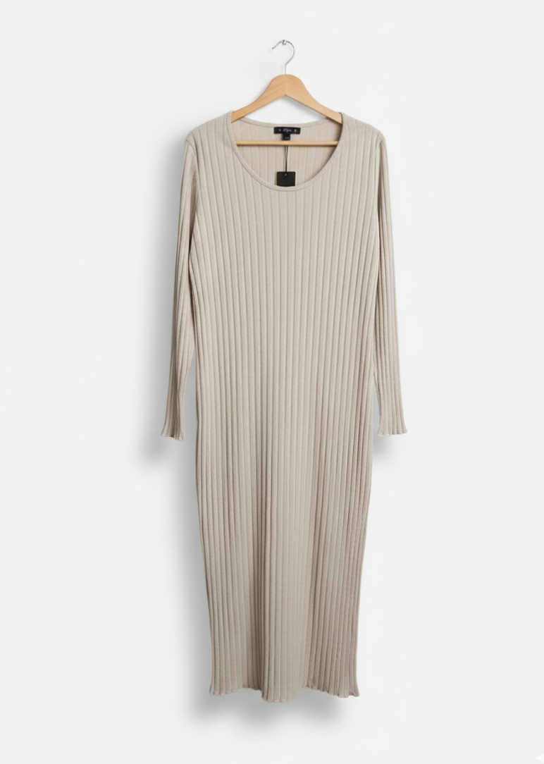 Beige Midi Dress  Long Sleeved Bodycon Primark Stretch Ribbed W-19/ L-45