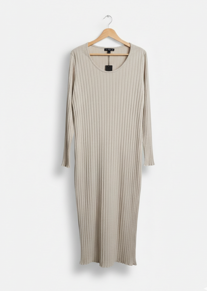 Beige Midi Dress  Long Sleeved Bodycon Primark Stretch Ribbed W-19/ L-45