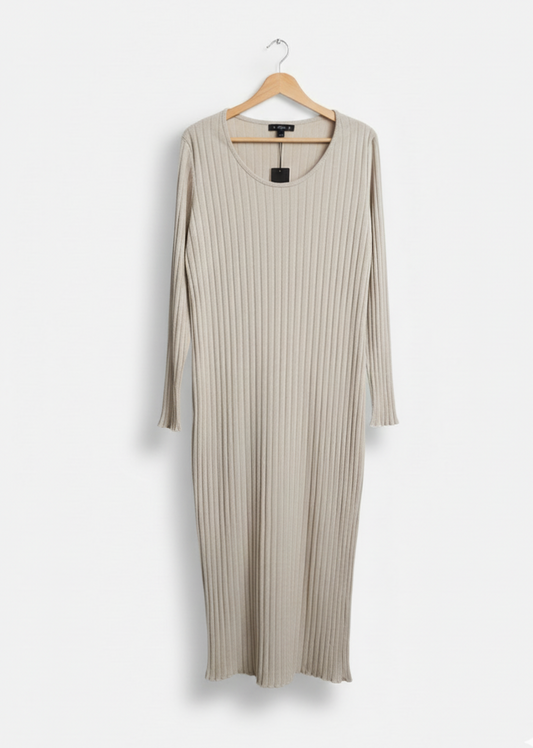 Beige Midi Dress  Long Sleeved Bodycon Primark Stretch Ribbed W-19/ L-45