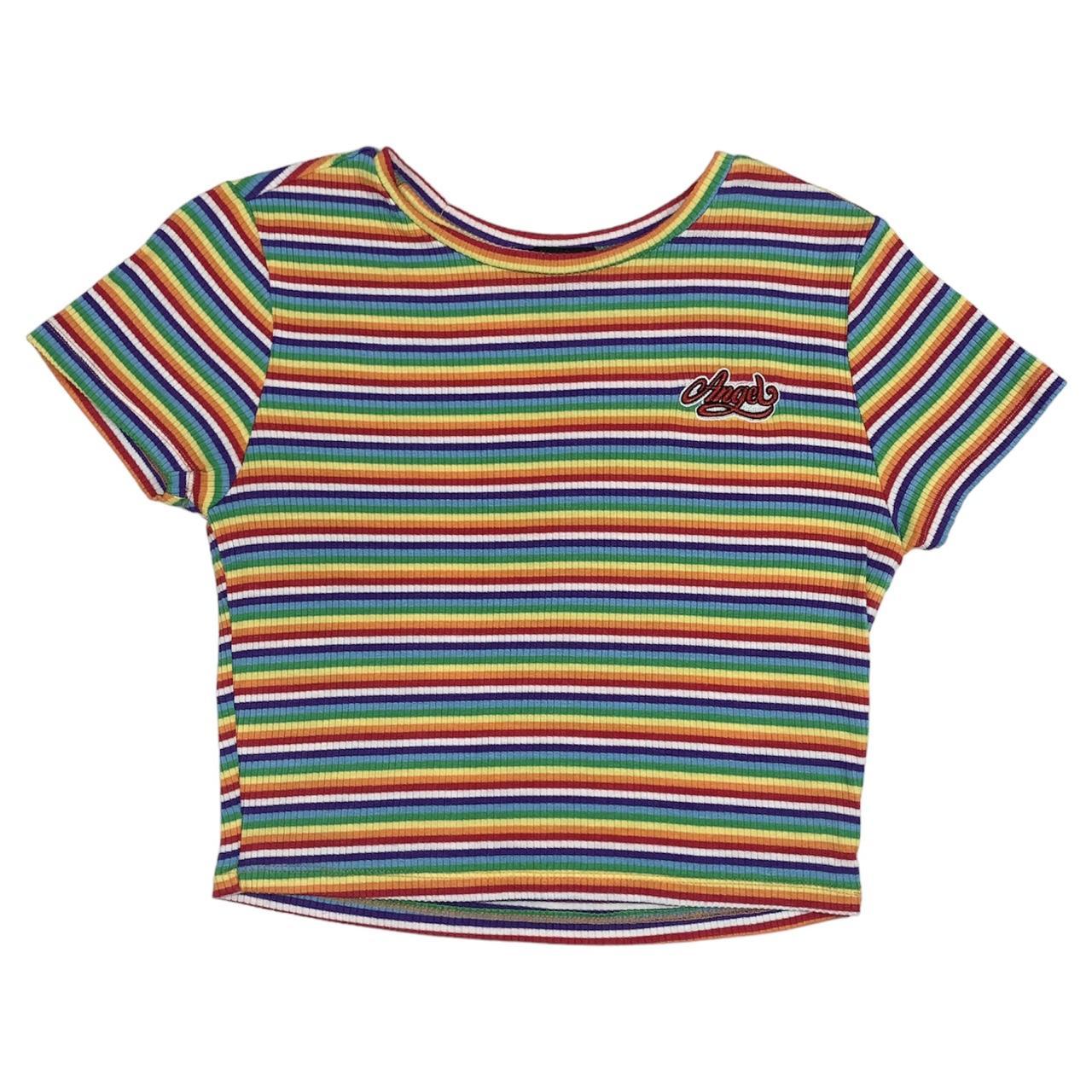 Forever 21 Angel Embroidered Rainbow Striped Ribbed Crop Top