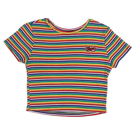 Forever 21 Angel Embroidered Rainbow Striped Ribbed Crop Top