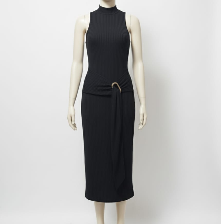 Black Ribbed Jersey Sleeveless Midi Dress W-15 / L-42