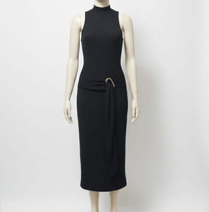 Black Ribbed Jersey Sleeveless Midi Dress W-15 / L-42