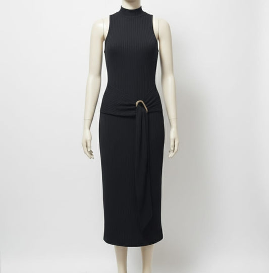 Black Ribbed Jersey Sleeveless Midi Dress W-15 / L-42