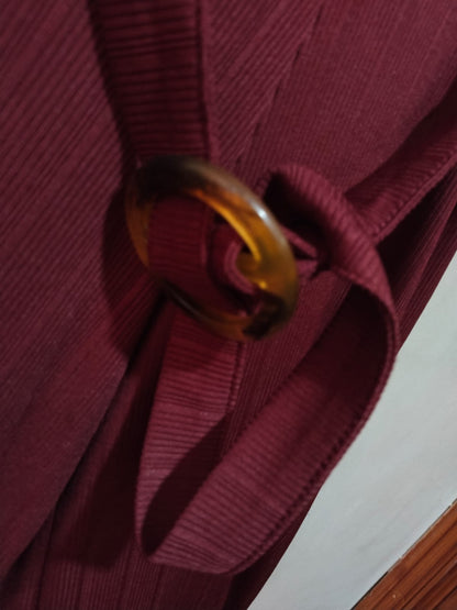 NEW LOOK BURGUNDY RIBBED WRAP CULOTTE BELTED JUMPSUIT W-14 / L-46