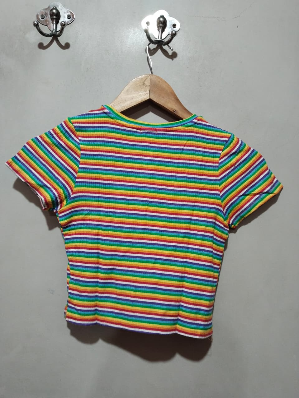 Forever 21 Angel Embroidered Rainbow Striped Ribbed Crop Top