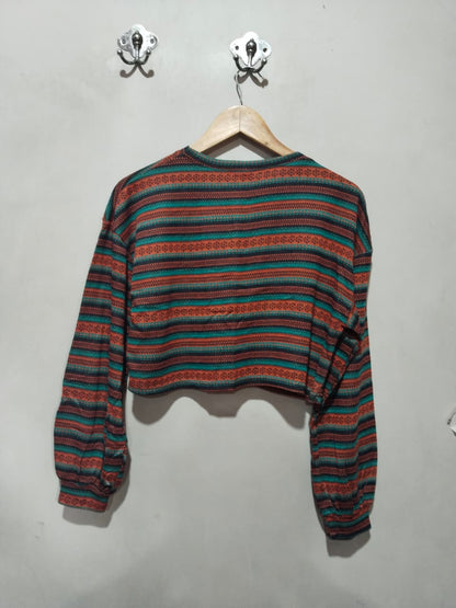 ZAFUL Women's Tribal Ethnic Graphic Cropped Knitwear Bohemian Long Sleeve Pullover Sweater Boho Drop Shoulder Knitted Top