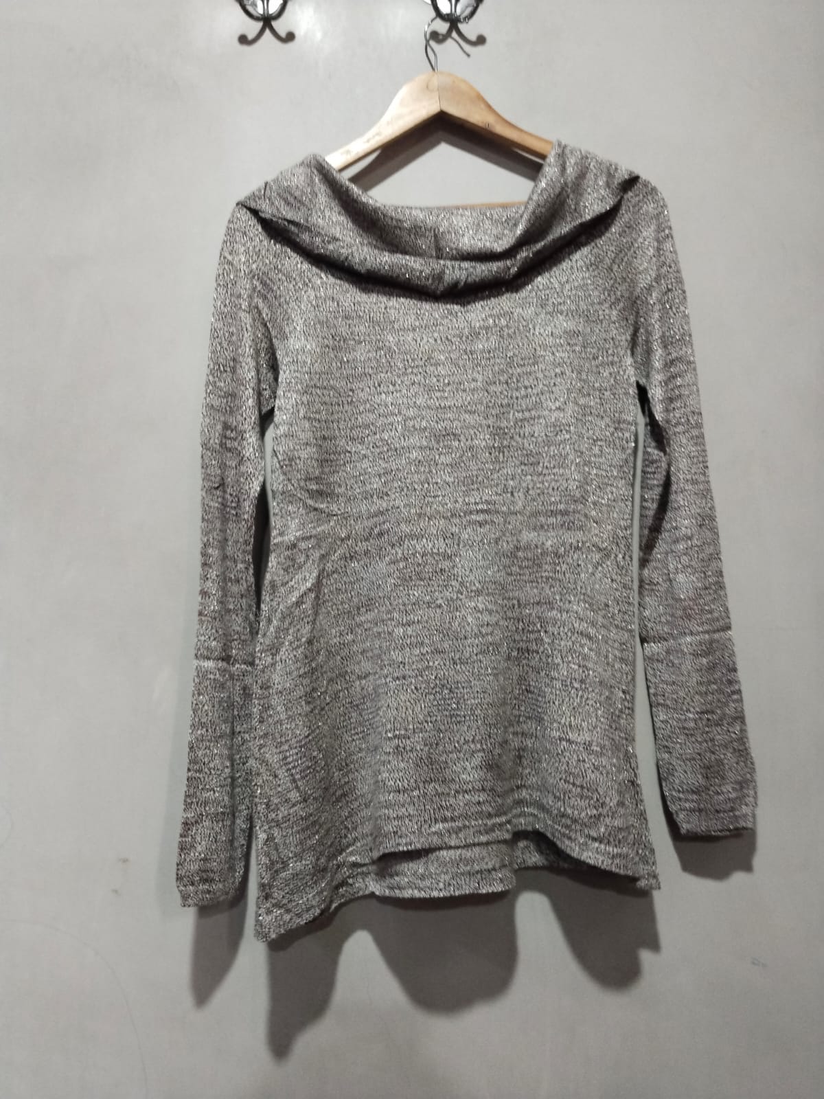 White House Black Market Cowl Neck Shimmer Metallic Gray Knit Sweater