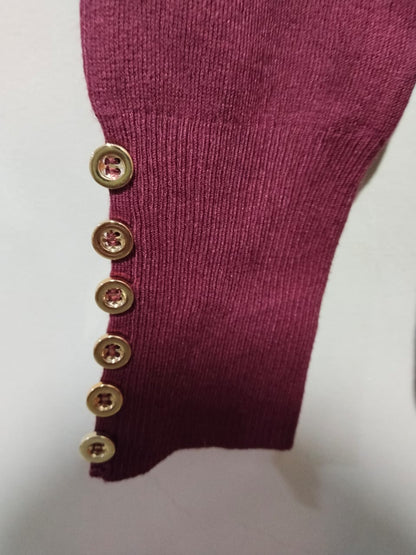 ZENANA OUTFITTERS Burgundy Crewneck Pullover Sweater With Buttons On The Cuffs