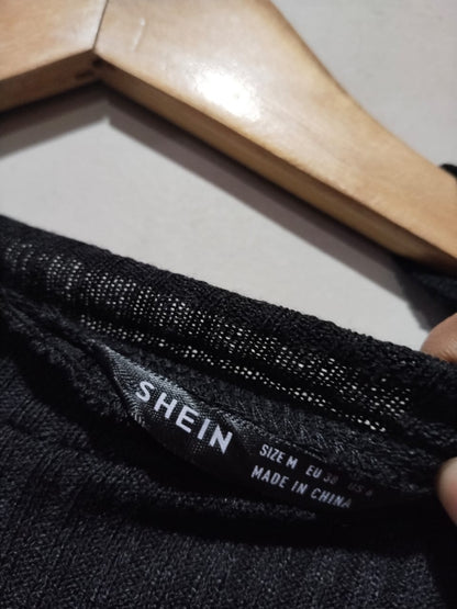 SHEIN Black Ribbed Knit Crop Top Bell Sleeves Ruffled Mock Neck