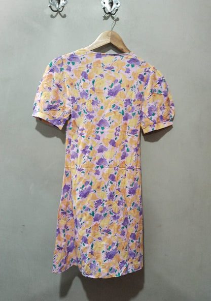 PRIMARK PINK PURPLE YELLOW FLORAL BUTTONED SHORT SLEEVE A LINE DRESS