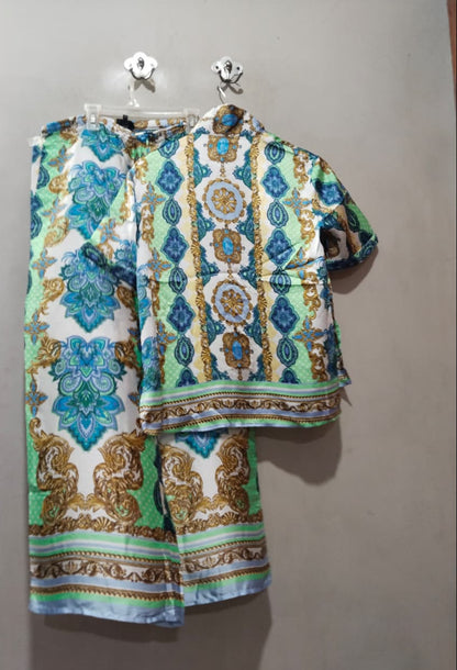 RIVER ISLAND Baroque Print Satin Pyjama Set - Shirt & Wide Leg Trousers