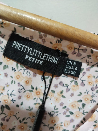PRETTY LITTLE THING Polly Pink Floral V Neck Tie Front Long Sleeve