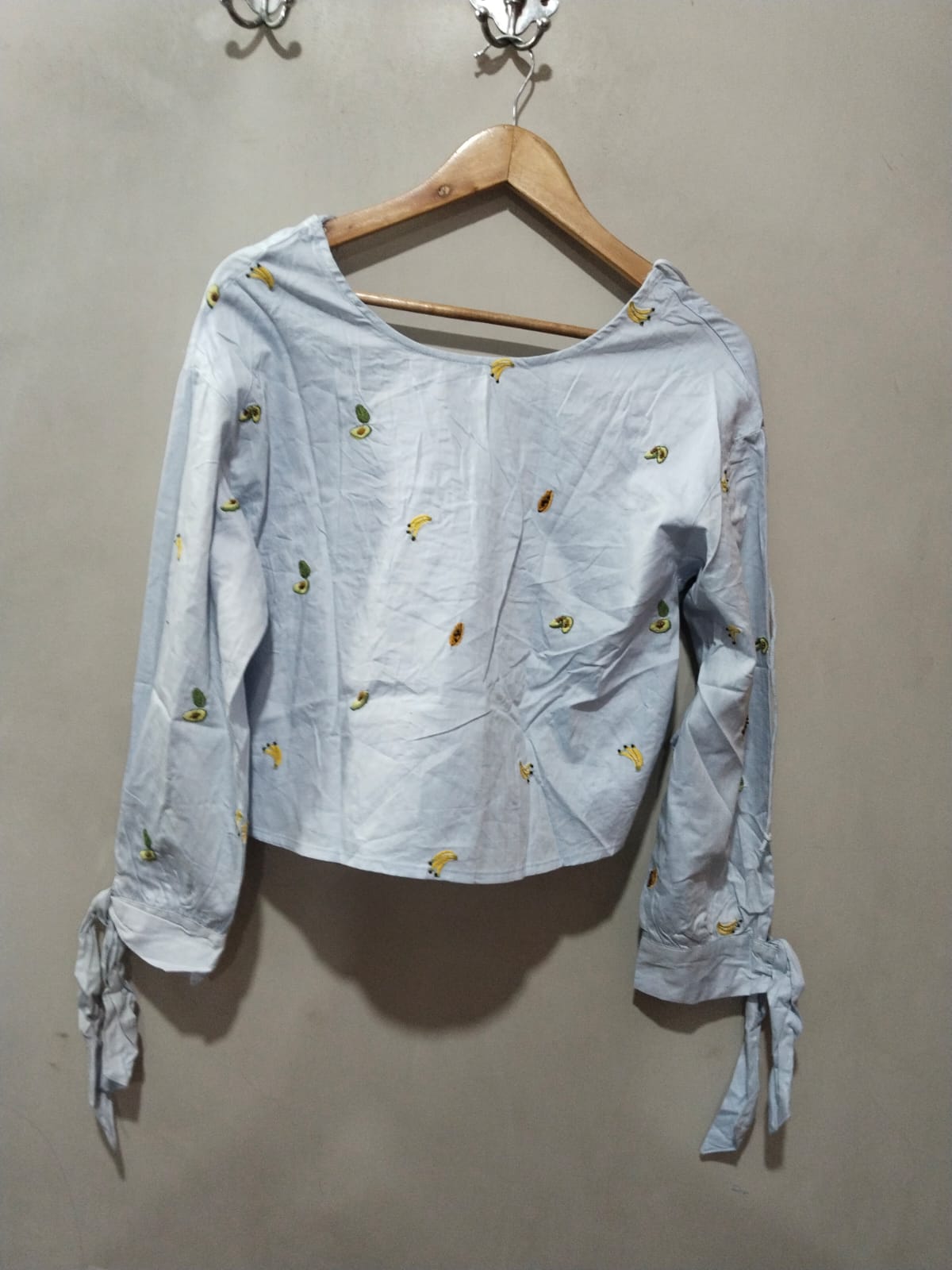 Zara Basic Collection Embroidered Fruit Chambray Bow Back Top