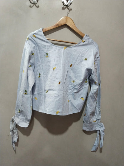 Zara Basic Collection Embroidered Fruit Chambray Bow Back Top