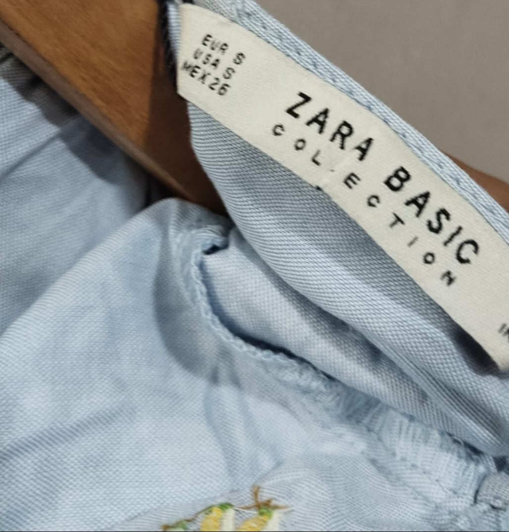 Zara Basic Collection Embroidered Fruit Chambray Bow Back Top