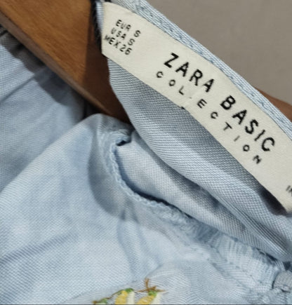 Zara Basic Collection Embroidered Fruit Chambray Bow Back Top