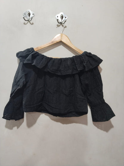 TOP SHOP Black Ruffle-Sleeve Off-The-Shoulder Blouse
