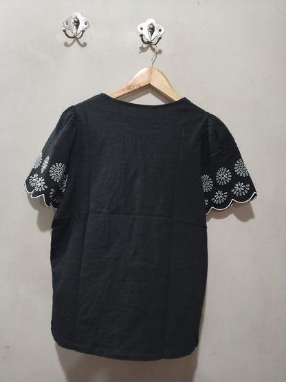 TU | WOMAN Black Puff Eyelet Short Scallop Sleeve Round Neck TOP