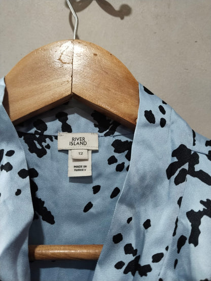River Island Women Tie Neck Blouse- Blue Tile Print
