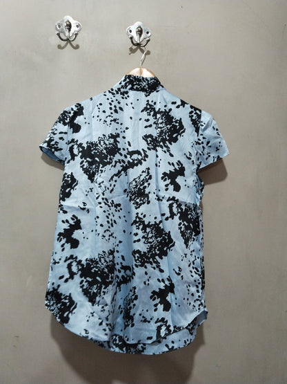 River Island Women Tie Neck Blouse- Blue Tile Print