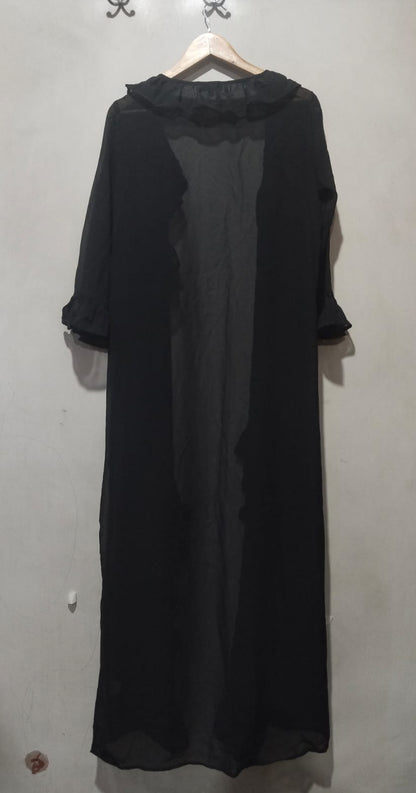 AKASA Black Ruffle Trim Sheer Maxi Kimono Duster