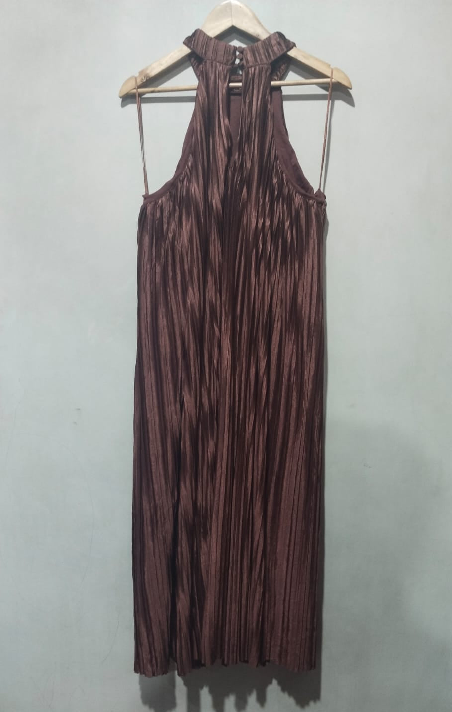 Next Brown Pleated Halterneck Tie-Waist Midi Dress