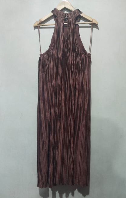 Next Brown Pleated Halterneck Tie-Waist Midi Dress