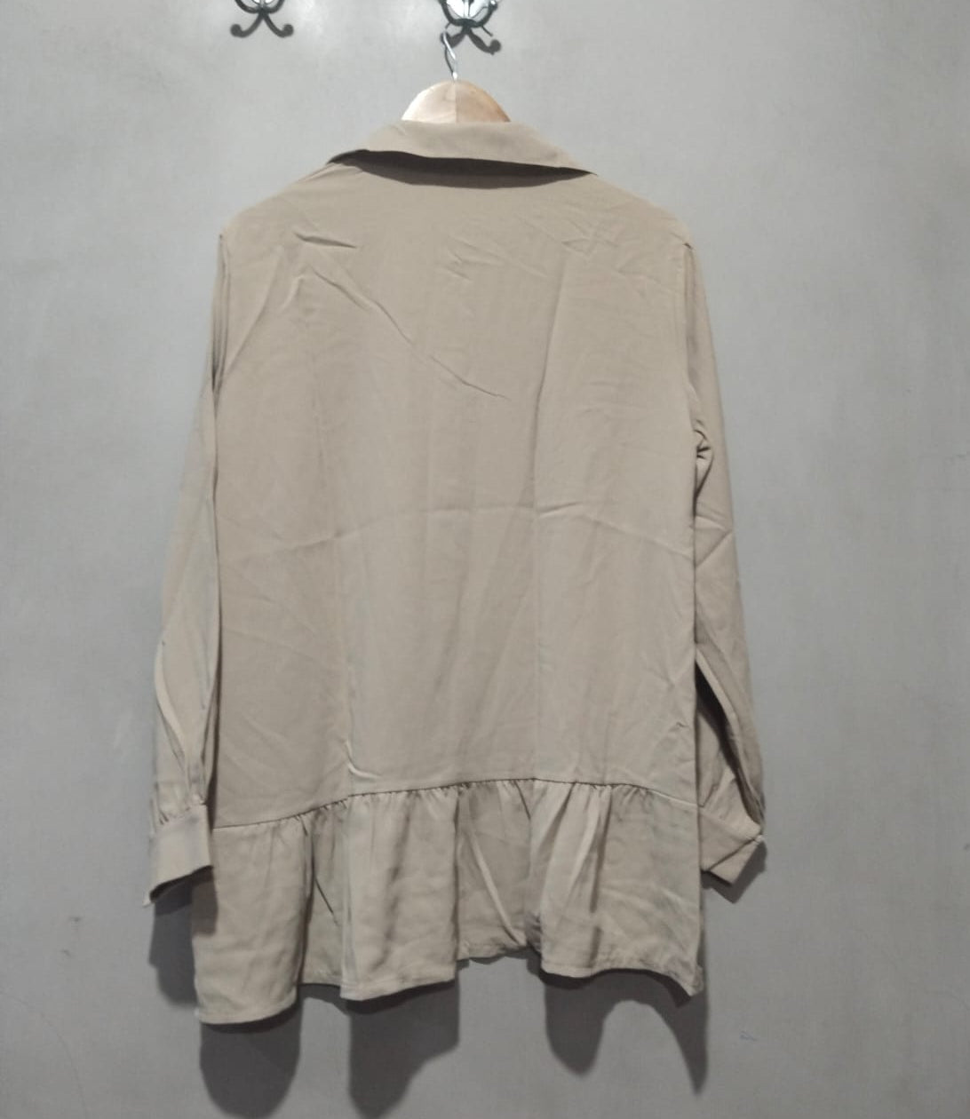 Beige Linen-Blend Co-ord Set: Ruffled Shirt and Wide-Leg Pants